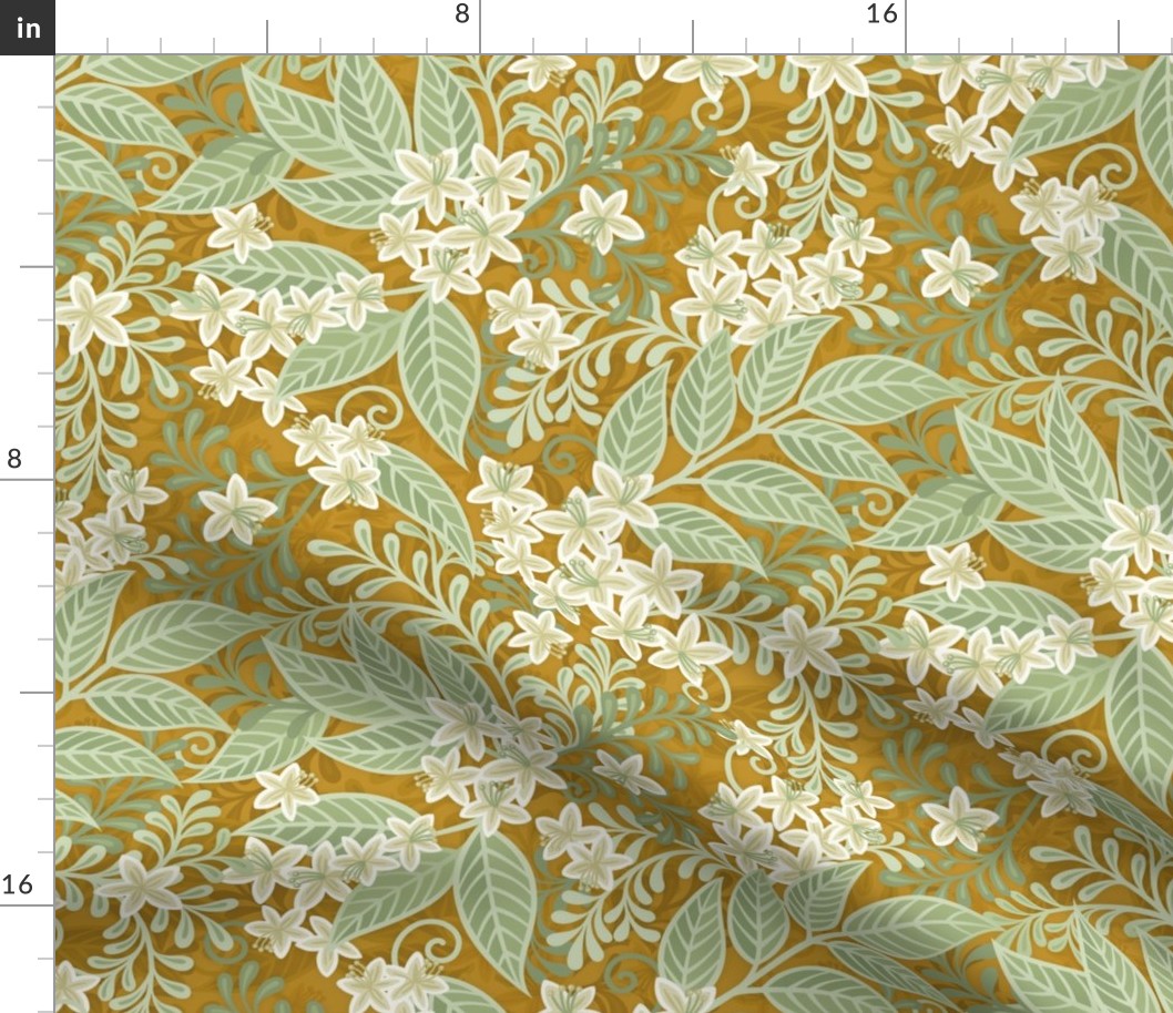 Blooming Orchard Wallpaper- Orange Blossoms- Mustard Background- Citrus Blossoms- Spring- Calm Fresh Flowers and Leaves- Sage and Vanilla- Small