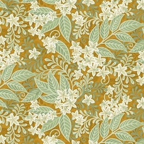 Blooming Orchard Wallpaper- Orange Blossoms- Mustard Background- Citrus Blossoms- Spring- Calm Fresh Flowers and Leaves- Sage and Vanilla- sMini