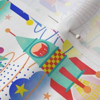 Space Exploration- Rocket Cats- Geeky- Space Cat- White Background- Rocket Ship- Intergalactic- Multicolored Gender Neutral Nursery Wallpaper - Science- 6 inches rockets- Size between small and mini