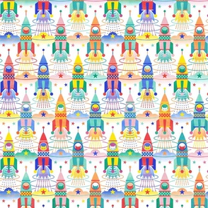 Space Exploration- Rocket Cats- Geeky- Space Cat- White Background- Rocket Ship- Intergalactic- Multicolored Gender Neutral Nursery Wallpaper - Science- 6 inches rockets- Size between small and mini