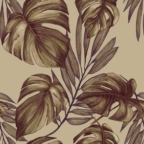 Monstera and Palm Fronds Golden Beige large