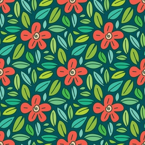 Red Hand Drawn Flowers + Lots of Leaves (boho floral pattern)