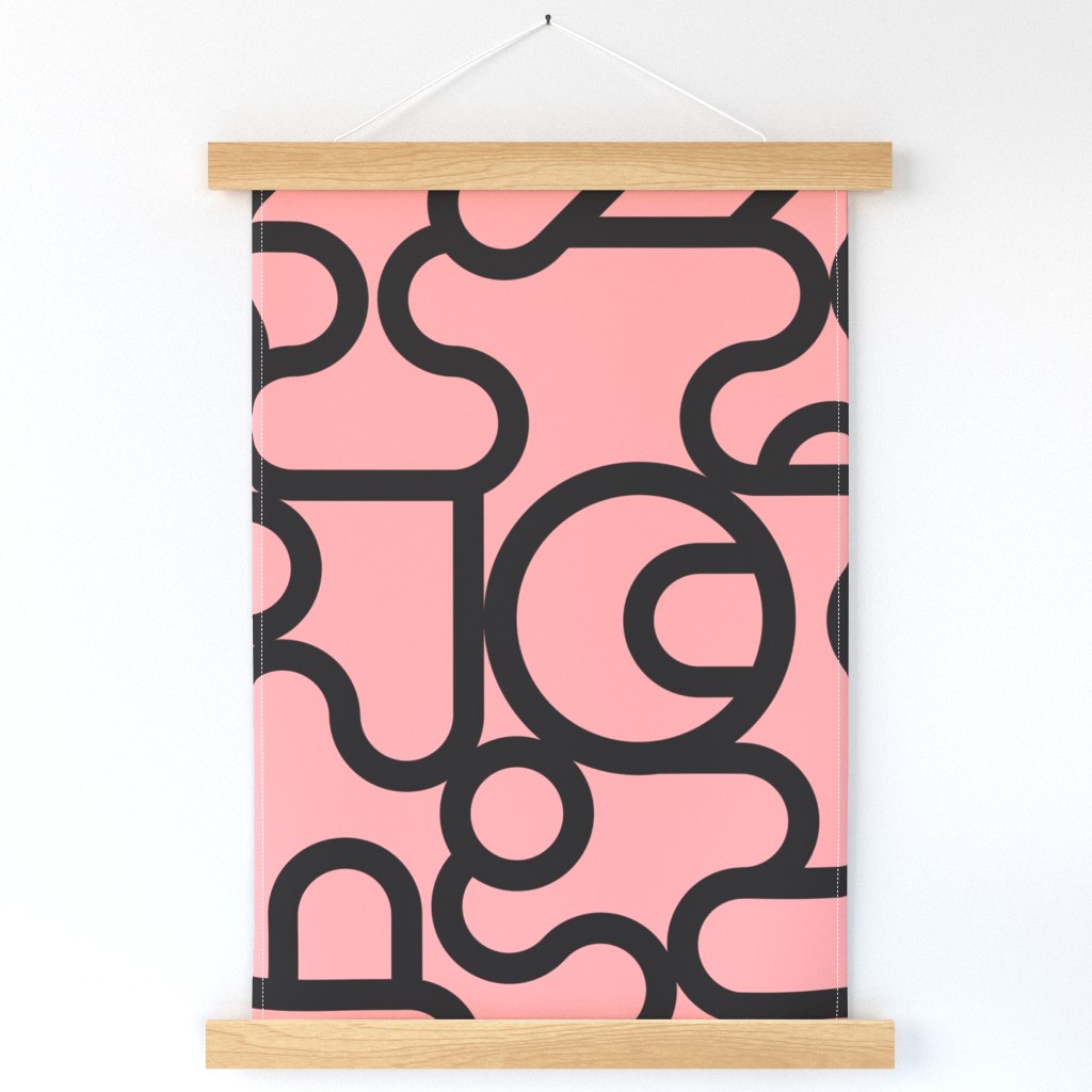 Off the Rails - Abstract Subway Map Inspired Lines - Black on Salmon Pink - Large
