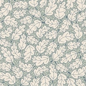 329 - $ Small/medium scale swirly non-directional hand drawn pastel teal aqua blue oak leaves on a textured background of organic dashes, for bedroom wallpaper, cozy bed linen, and cute fall and thanksgiving projects.