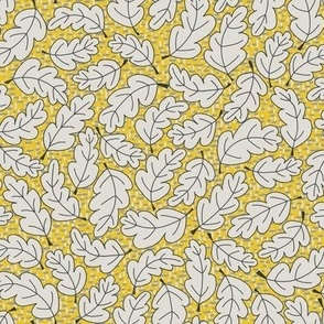 329 - Small/medium scale swirly non-directional hand drawn oak leaves in pale dove grey on golden yellow on a textured background of organic dashes, for bedroom wallpaper, cozy bed linen, and cute fall and thanksgiving projects.