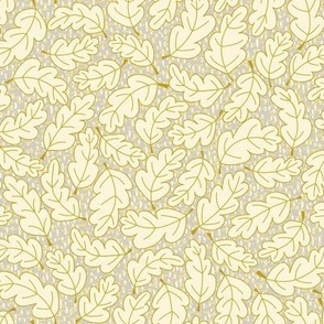 329 - Small/medium scale swirly non-directional hand drawn oak leaves in pretty warm yellows and mustards on a textured ivory background of organic dashes, for bedroom wallpaper, cozy bed linen, and cute fall and thanksgiving projects.