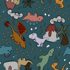 Hand Drawn Dinosaurs in Multi Color with Blue Background
