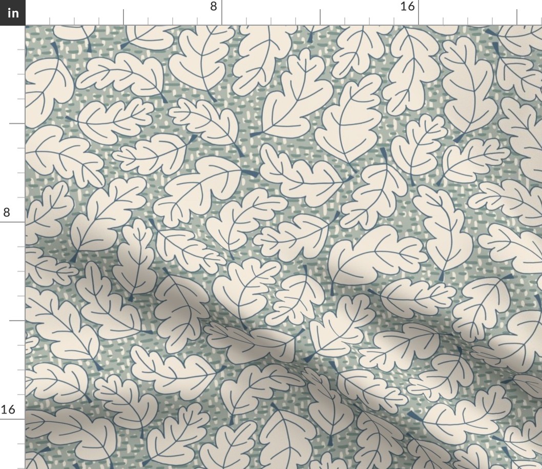329 - large scale swirly non-directional hand drawn oak leaves in warm neutrals of soft teal/aqua blues on a textured background of organic dashes, for unisex bedroom wallpaper, cozy bed linen, and cute fall and thanksgiving projects.
