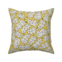 329 -  large scale swirly non-directional hand drawn oak leaves in sunny yellow and cool whites on a textured background of organic dashes, for non gender specific  bedroom wallpaper, cozy bed linen, and cute fall and thanksgiving projects.