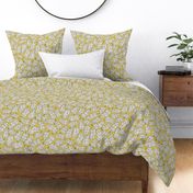 329 -  large scale swirly non-directional hand drawn oak leaves in sunny yellow and cool whites on a textured background of organic dashes, for non gender specific  bedroom wallpaper, cozy bed linen, and cute fall and thanksgiving projects.