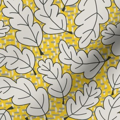 329 -  large scale swirly non-directional hand drawn oak leaves in sunny yellow and cool whites on a textured background of organic dashes, for non gender specific  bedroom wallpaper, cozy bed linen, and cute fall and thanksgiving projects.
