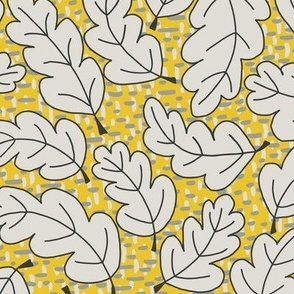 329 -  large scale swirly non-directional hand drawn oak leaves in sunny yellow and cool whites on a textured background of organic dashes, for non gender specific  bedroom wallpaper, cozy bed linen, and cute fall and thanksgiving projects.