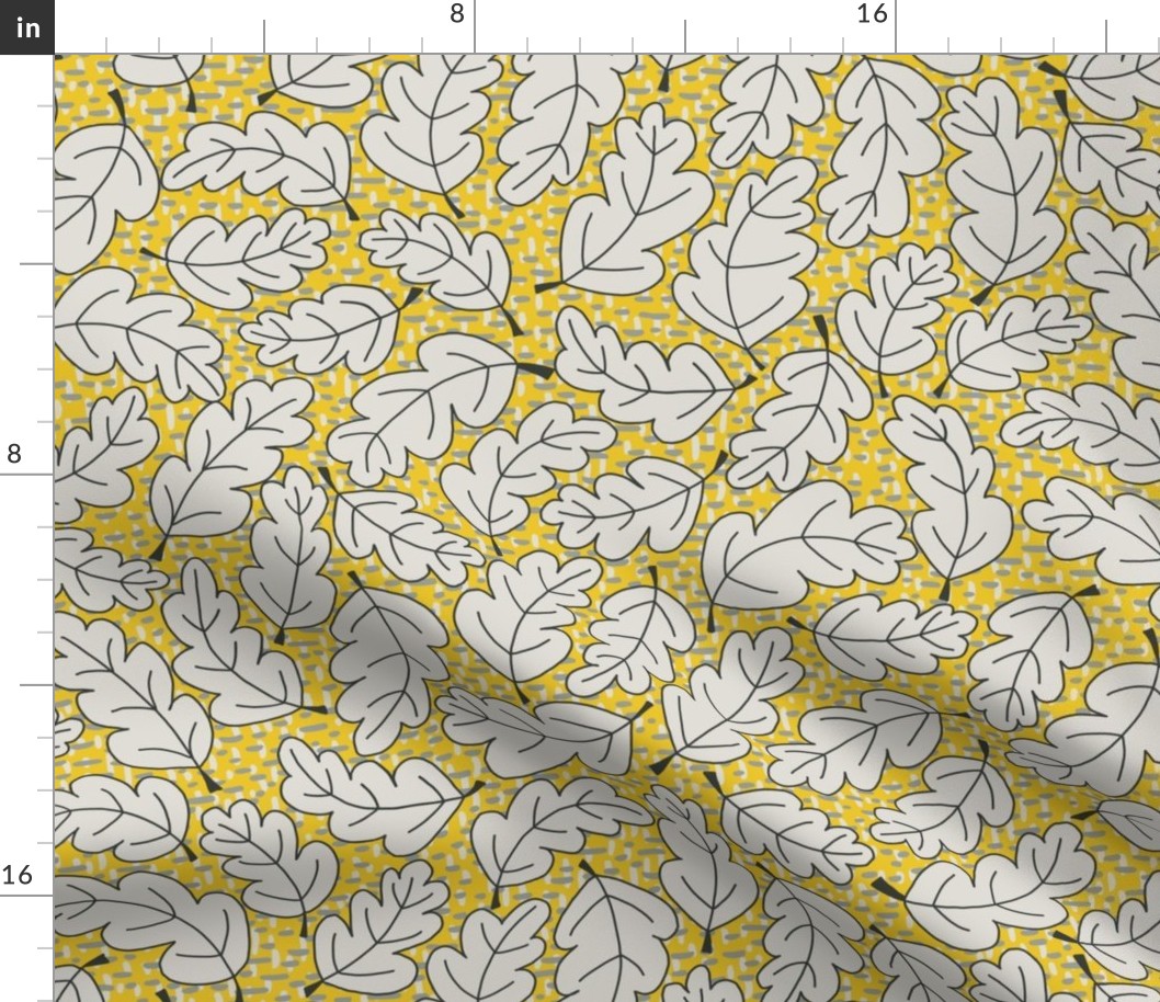 329 -  large scale swirly non-directional hand drawn oak leaves in sunny yellow and cool whites on a textured background of organic dashes, for non gender specific  bedroom wallpaper, cozy bed linen, and cute fall and thanksgiving projects.