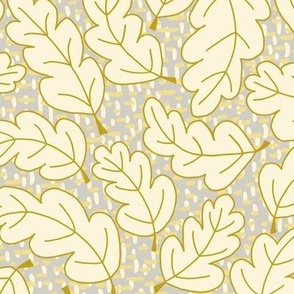329 - large scale swirly non-directional hand drawn oak leaves in warm neutral creamy yellow palette on a textured background of organic dashes, for non gender specific bedroom wallpaper, cozy bed linen, and cute fall and thanksgiving projects.
