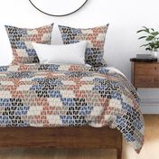 330 $ - Large scale East fork hand drawn organic geometric shapes in warm neutral shades of blue, taupe, cream and burnt orange, for table linen, napkins, curtains and bed linen.