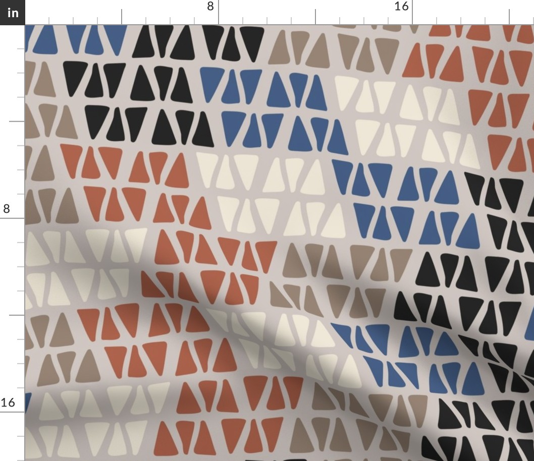 330 $ - Large scale East fork hand drawn organic geometric shapes in warm neutral shades of blue, taupe, cream and burnt orange, for table linen, napkins, curtains and bed linen.