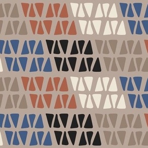 330 - large scale Triangle hand drawn bricks in trapezoid formation, in warm neutral tones of burnt orange, taupe beige, denim blue and ivory and charcoal - for masculine wallpaper and bed linen, gender neutral cabin decor and kids apparel