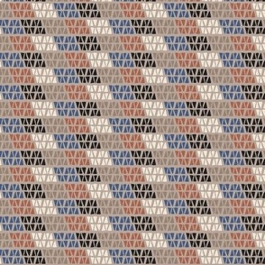 330 - Small scale Triangle hand drawn bricks in trapezoid formation, in warm neutral tones of burnt orange, taupe beige, denim blue and ivory and charcoal - for masculine wallpaper and bed linen, gender neutral cabin decor and kids apparel