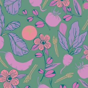 LARGE: Festive Veggies and Florals-pink, purple on green