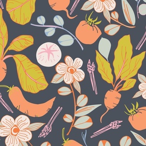 LARGE: Festive Veggies and Florals/ pink, green on dark blue