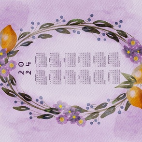 2024 Calendar Lemons  and Violets Wreath Tea Towel Wall Hanging 