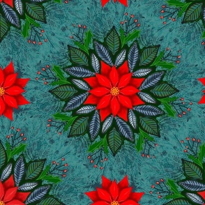 Christmas Poinsettias Repeating Pattern in Bright Red and Teal