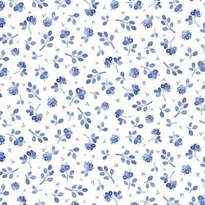 small- Dense - tossed tender sapphire blue watercolor florals on white