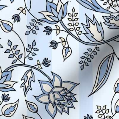 French country floral on stripes in blue., 24" 