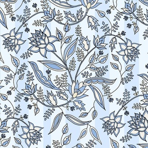French country floral on stripes in blue., 24" 