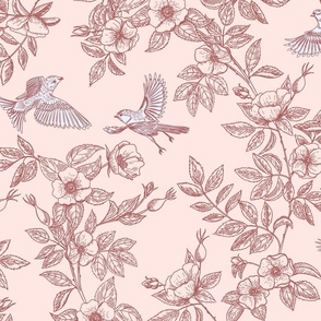 Rosehip and birds. Toile de jouy. Large scale.