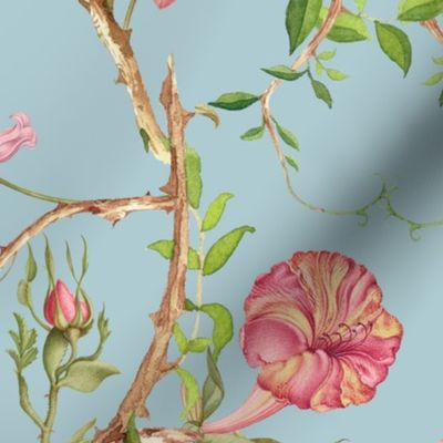 Antique Rococo Chinoiserie Flower Rose Exotic Trees  on blue- Marie Antoinette Chinoiserie inspired 21" 