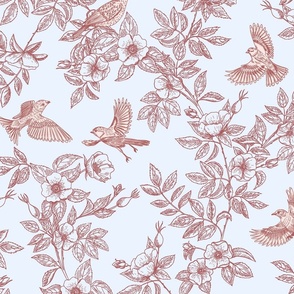 Toile de jouy with wild rosehip and birds.