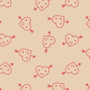 Cupid Smiley - Cute kawaii Valentine's Day hearts coral red on tan