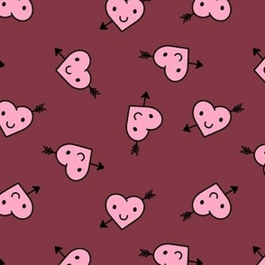 Cupid Smiley - Cute kawaii Valentine's Day hearts pink on burgundy
