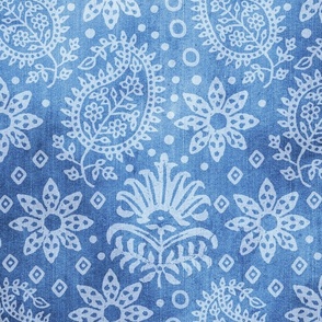 Vintage Indian Blockprint Pattern Charming Nostalgic Boho Style Blue White Denim Look