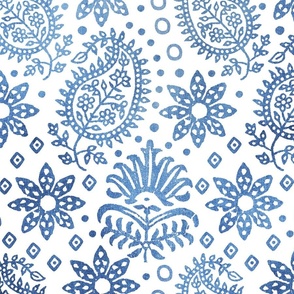 Vintage Indian Blockprint Pattern Charming Nostalgic Boho Style White Blue Denim Look