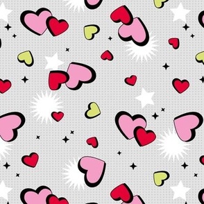 Nineties retro comic style hearts - Valentine's Day love design with stars and cartoon shapes on pixel paper pink red lime on gray 