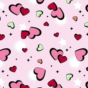 Nineties retro comic style hearts - Valentine's Day love design with stars and cartoon shapes on pixel paper pink red mint green on pink 