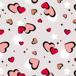 Vintage seventies retro comic style hearts - Valentine's Day love design with stars and cartoon shapes on pixel paper vintage orange blush red on ivory