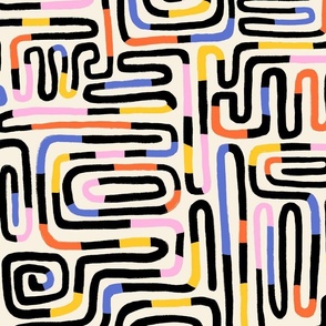 Playful Hand Drawn Line Maze/ Non-Directional Abstract Contemporary Pattern / White Background / Black White Blue Red Pink Yellow - Medium