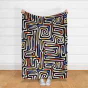 Playful Hand Drawn Line Maze/ Non-Directional Abstract Contemporary Pattern / Black Background / Black White Blue Red Pink Yellow - Large