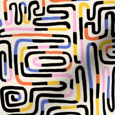 Playful Hand Drawn Line Maze/ Non-Directional Abstract Contemporary Pattern / White Background / Black White Blue Red Pink Yellow - Small