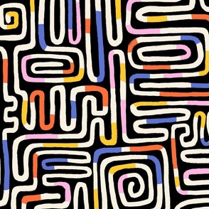 Playful Hand Drawn Line Maze/ Non-Directional Abstract Contemporary Pattern / Black Background / Black White Blue Red Pink Yellow - Medium