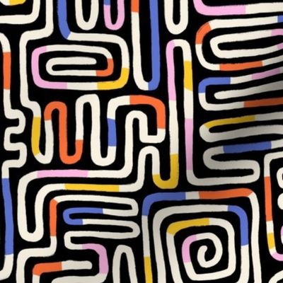Playful Hand Drawn Line Maze/ Non-Directional Abstract Contemporary Pattern / Black Background / Black White Blue Red Pink Yellow - Small