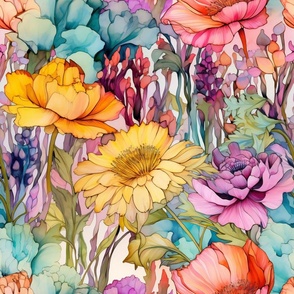 Wildflowers, Colorful Watercolor Flowers, Bright Floral Wallpaper Fabric