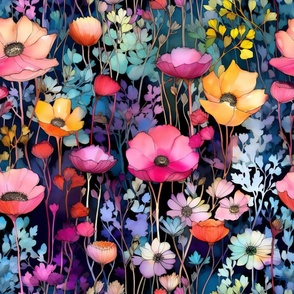Wildflowers, Colorful Watercolor Flowers, Bright Bold Floral Wallpaper Fabric