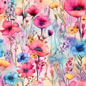 Wildflowers, Colorful Watercolor Flowers, Bright Spring Floral Wallpaper Fabric