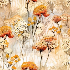 Yarrow Wildflowers, Colorful Watercolor Flowers, Orange Floral Wallpaper Fabric