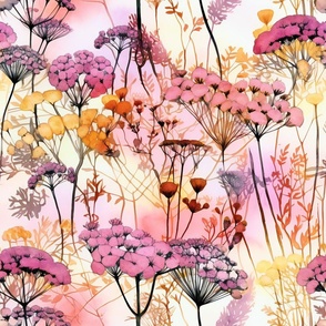Yarrow Wildflowers, Colorful Watercolor Flowers, Pink Floral Wallpaper Fabric
