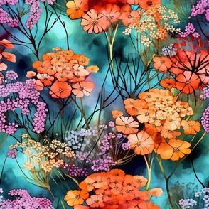 Yarrow Wildflowers, Colorful Watercolor Flowers, Vibrant Floral Wallpaper Fabric